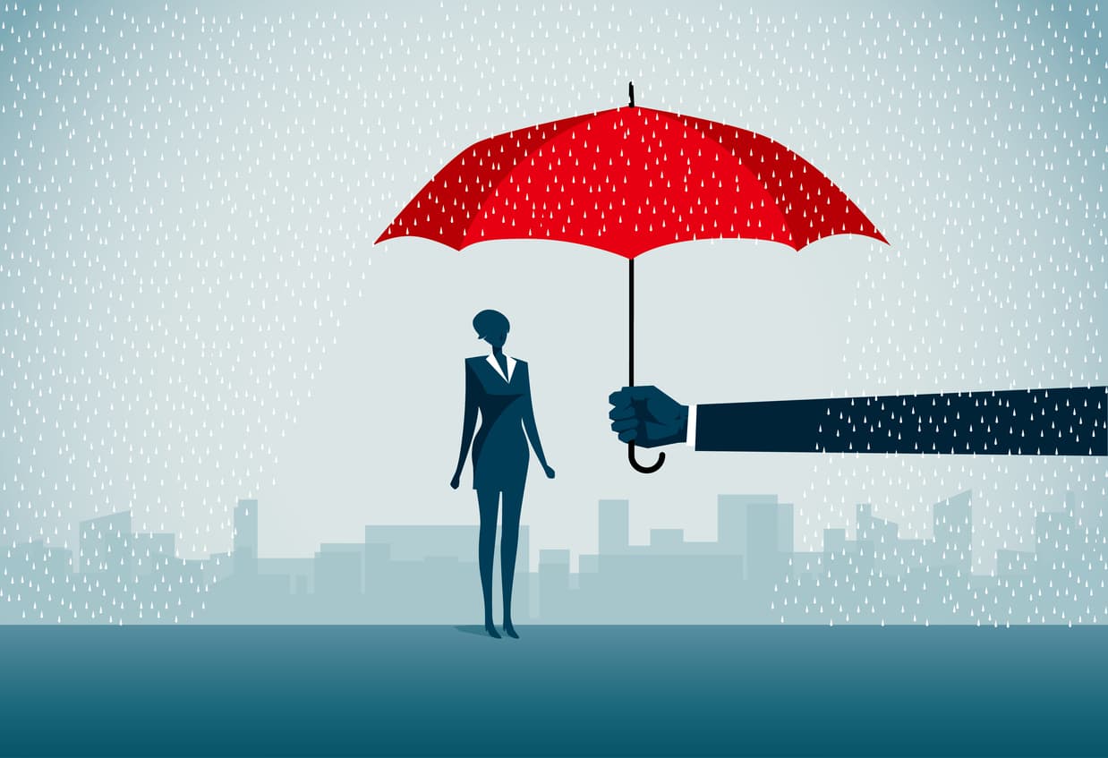 An illustrated red umbrella held over a cartoon woman represents business umbrella insurance
