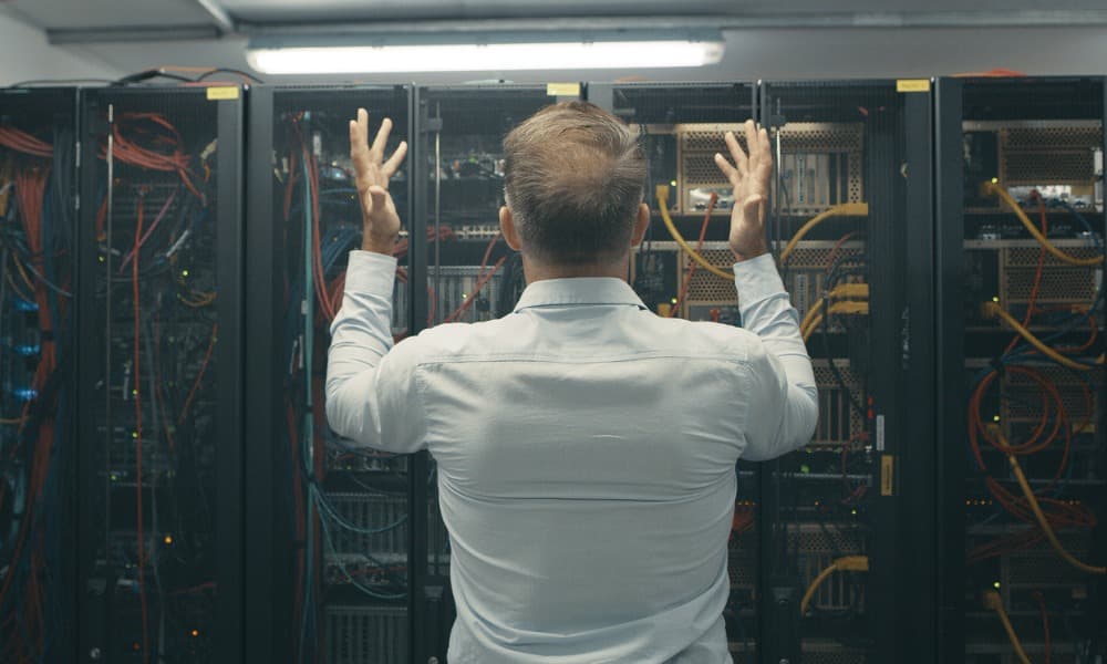 A business owner without business equipment insurance trying to repair a damaged data center